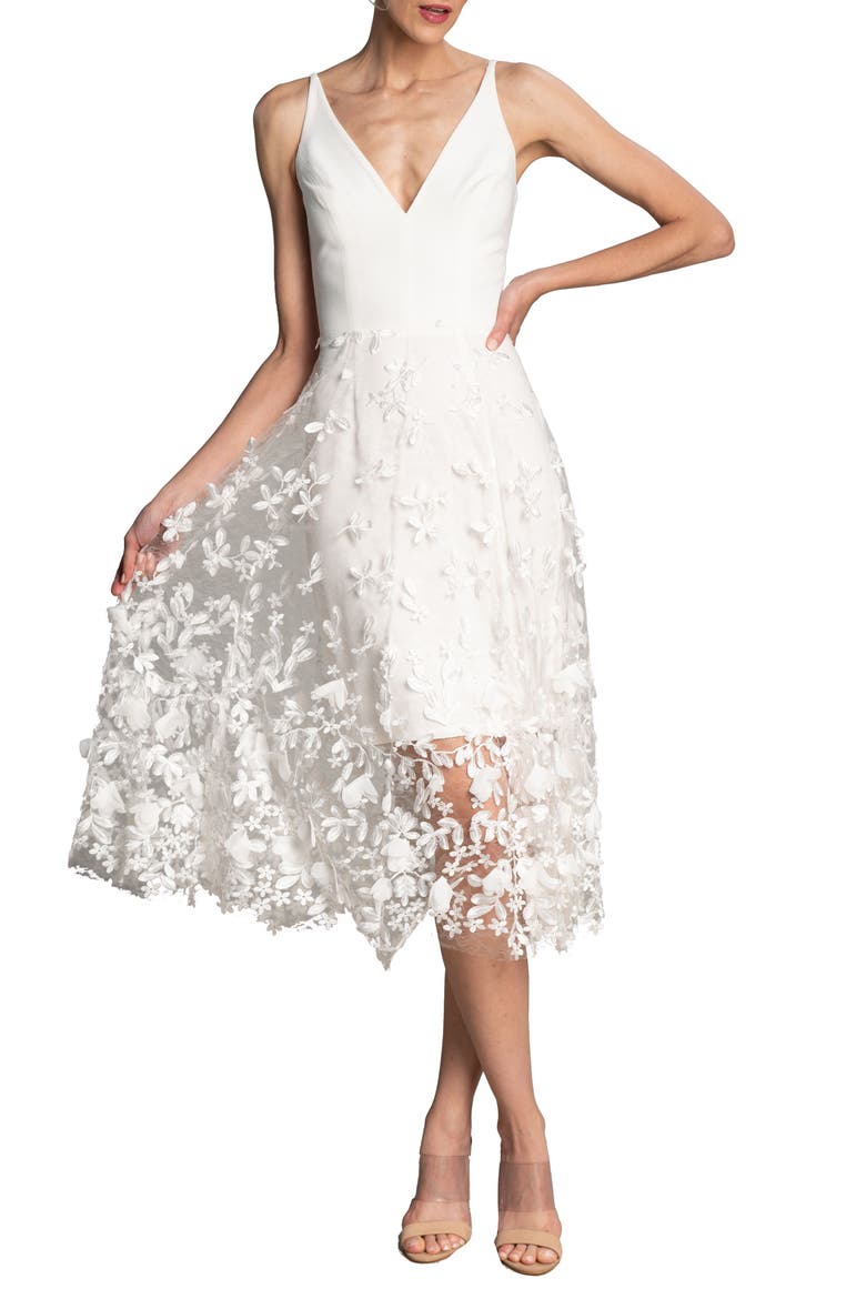 Darleen V-Neck Embroidered Mesh Cocktail Dress, Main, color, WHITE