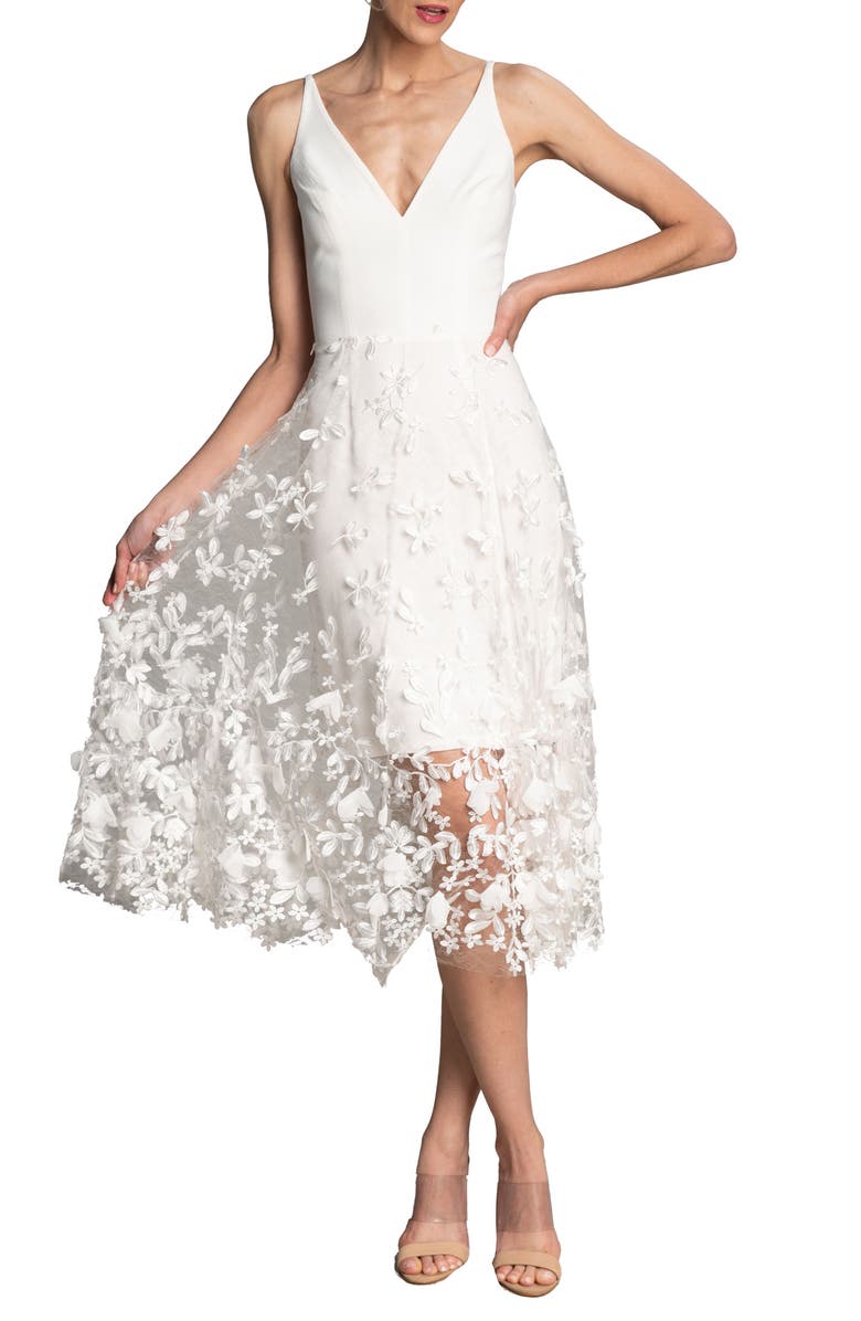 Dress the Population Darleen V-Neck Embroidered Mesh Cocktail Dress, Main, color, White