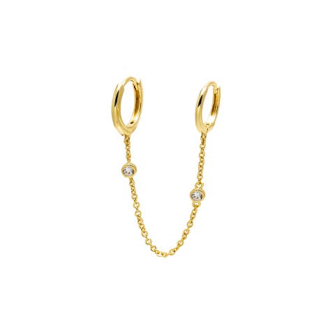 CZ Double Bezel Chain Huggie Earring
