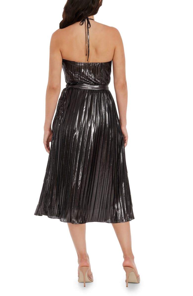 Dress the Population Hannah Pleated Metallic Halter Dress, Alternate, color,