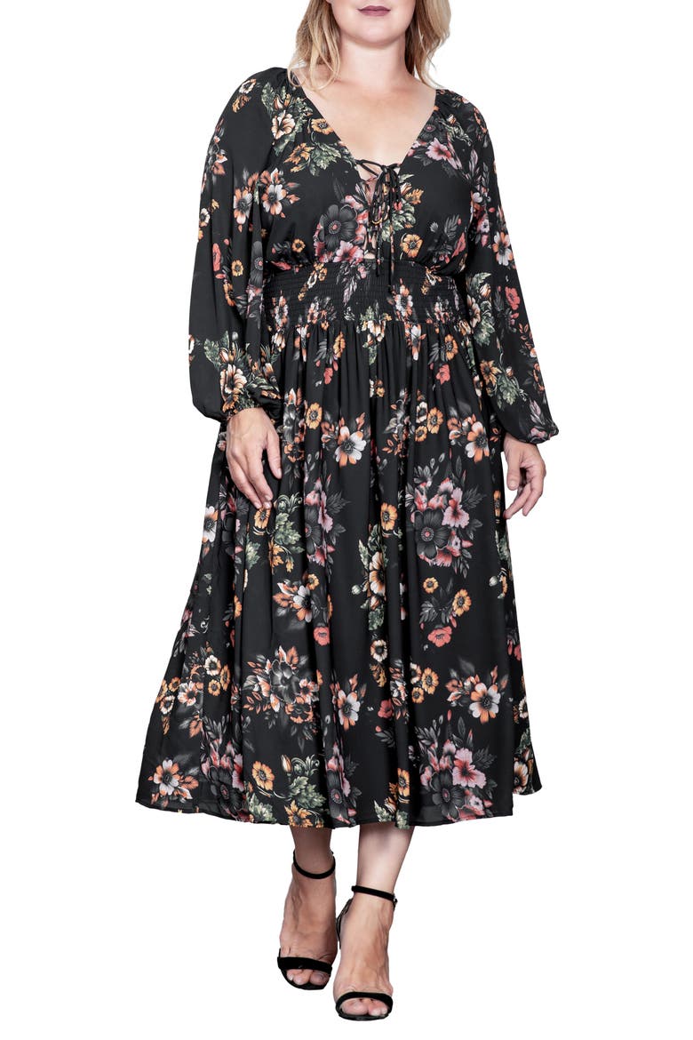 Floral Print Long Sleeve Georgette Midi Dress, Main, color, RUSTY FLORAL BLACK