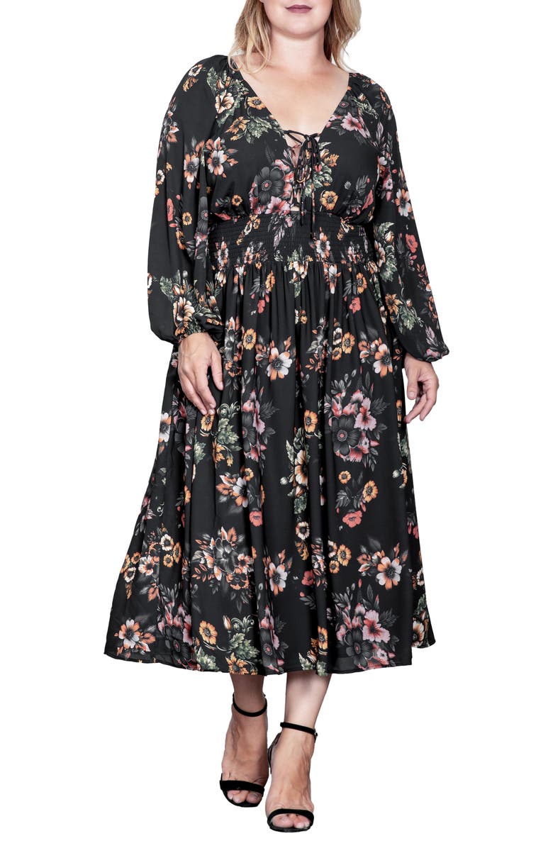 Standards & Practices Floral Print Long Sleeve Georgette Midi Dress, Main, color, Rusty Floral Black