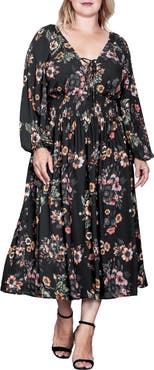 Standards & Practices Floral Print Long Sleeve Georgette Midi Dress