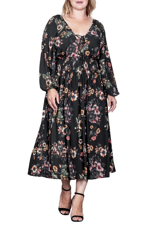 Standards & Practices Floral Print Long Sleeve Georgette Midi Dress in Rusty Floral Black 