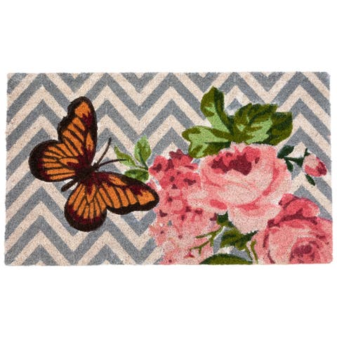 Coir Rose With A Butterfly Chevron Spring Door Mat 18" X 30"