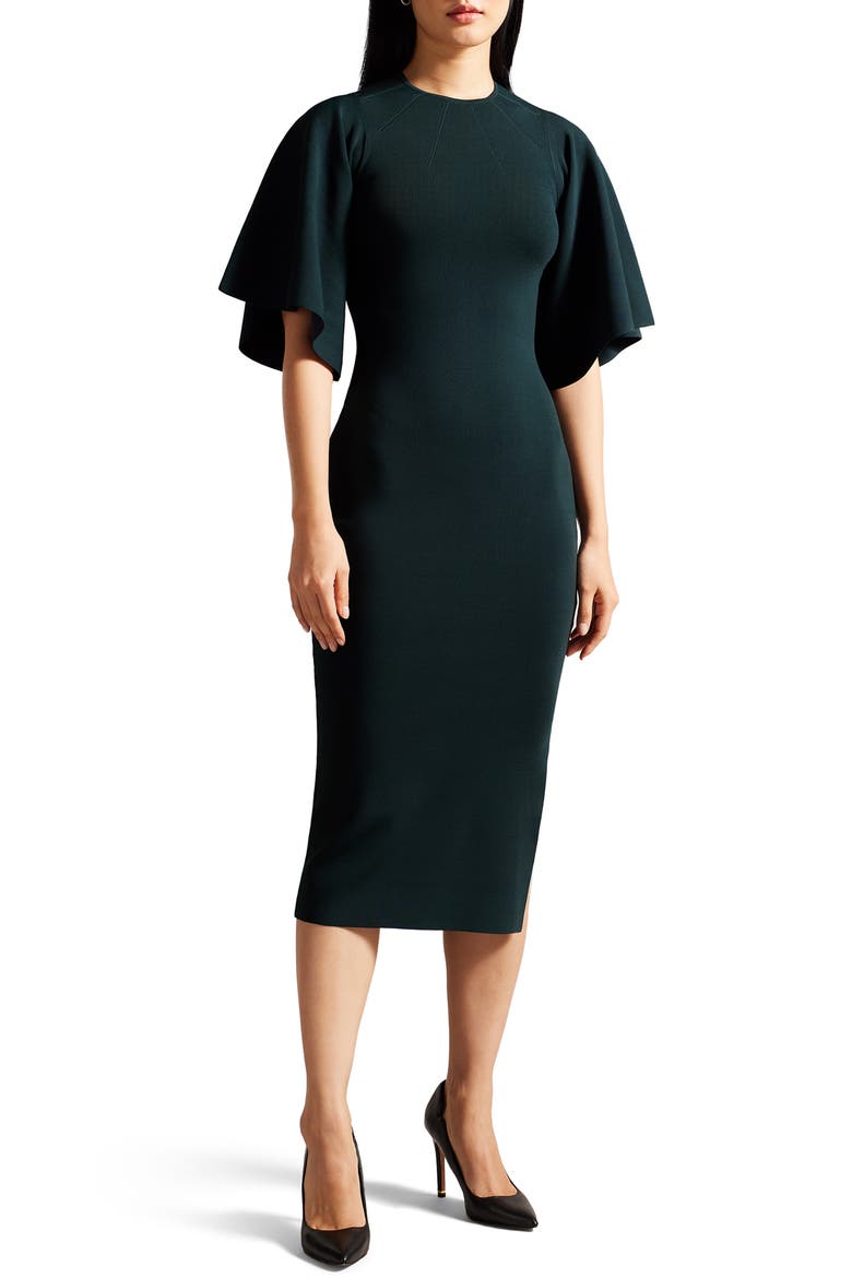 Lounia Fluted Sleeve Body-Con Sweater Dress, Main, color, DARK GREEN