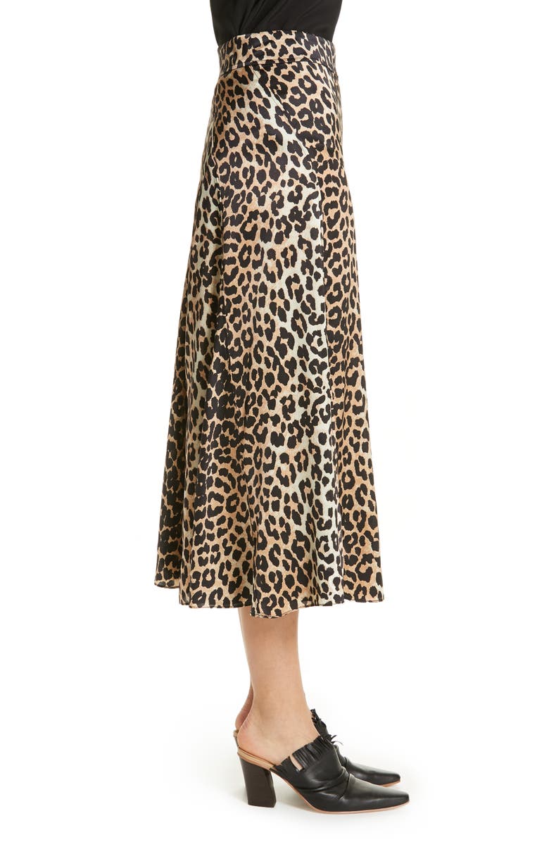 Ganni Leopard Print Stretch Silk Satin Midi Skirt, Alternate, color,