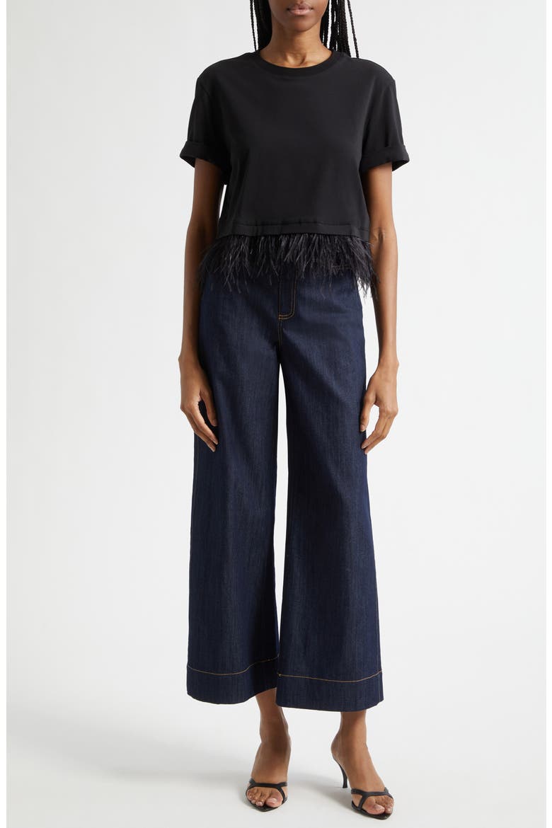 Feather Trim Crop T-Shirt, Alternate, color, BLACK