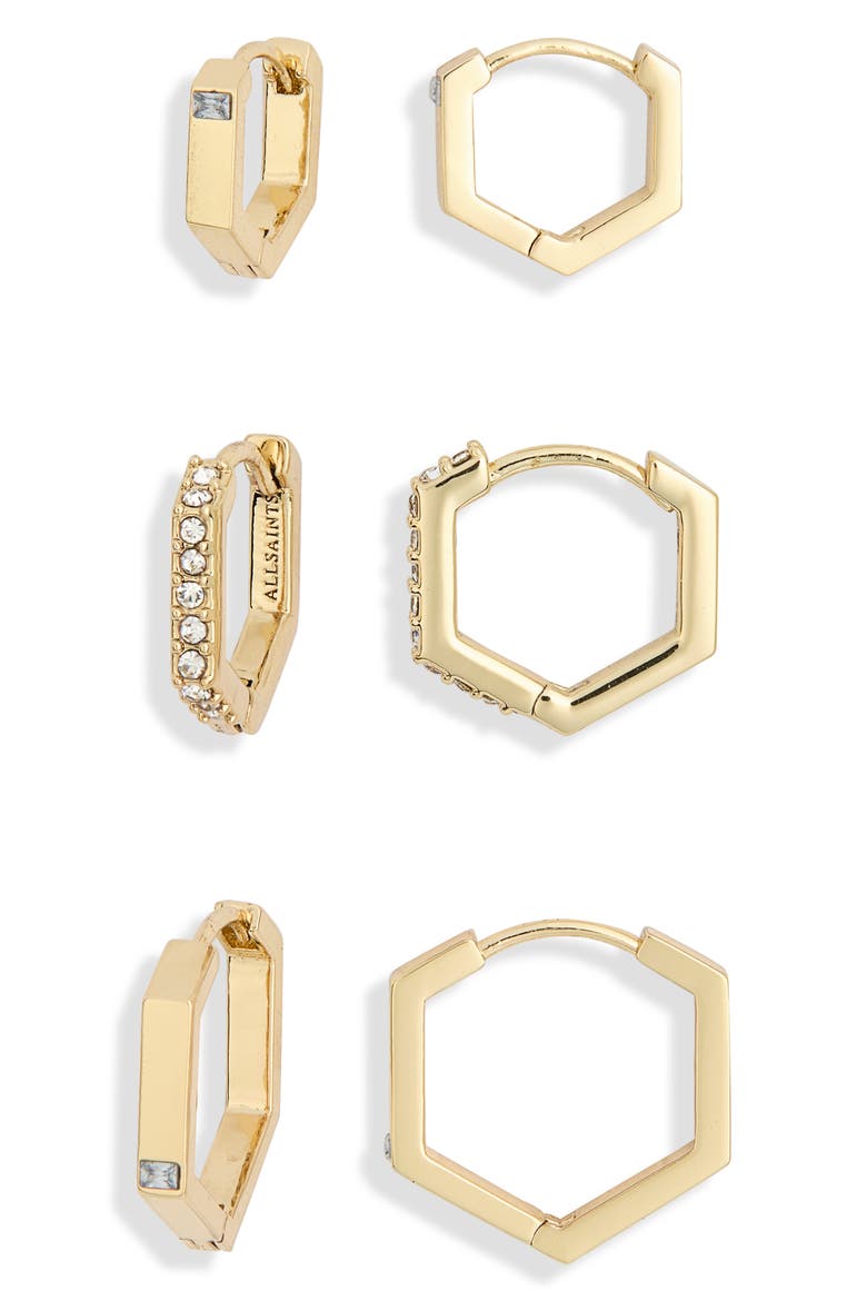 Set of 3 Crystal Hexagonal Hoop Earrings, Alternate, color, GOLD