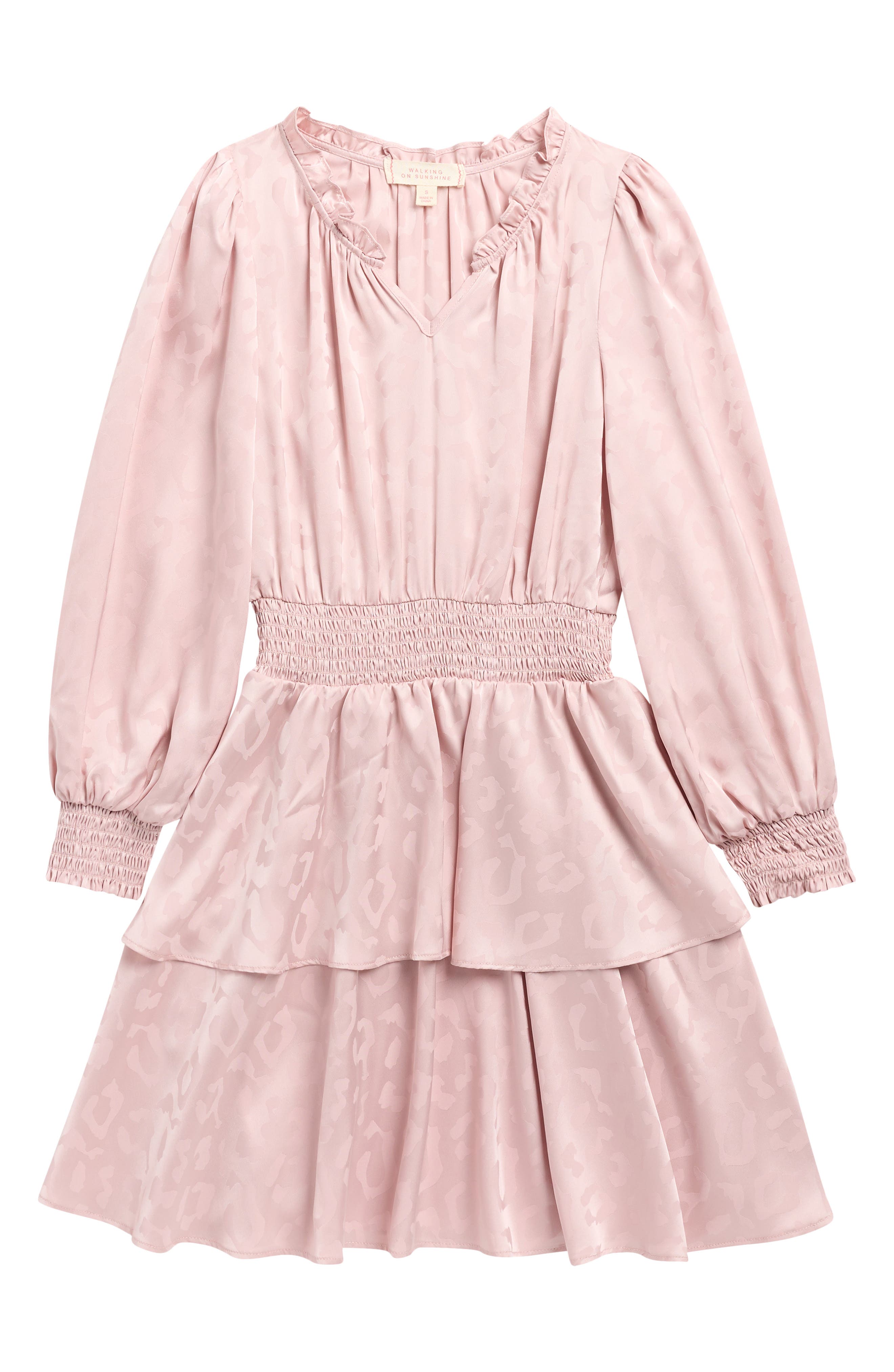 Kids' Long Sleeve Smocked Waist Jacquard Satin Dress