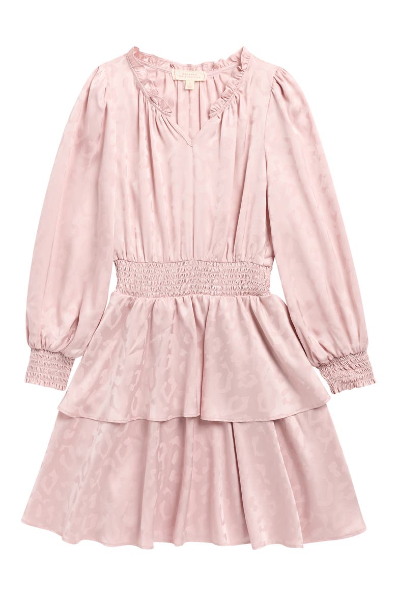 Kids' Long Sleeve Smocked Waist Jacquard Satin Dress, Main, color, PINK MAUVE LEOPARD