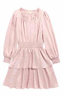 Kids' Long Sleeve Smocked Waist Jacquard Satin Dress