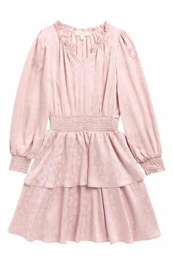 Kids' Long Sleeve Smocked Waist Jacquard Satin Dress