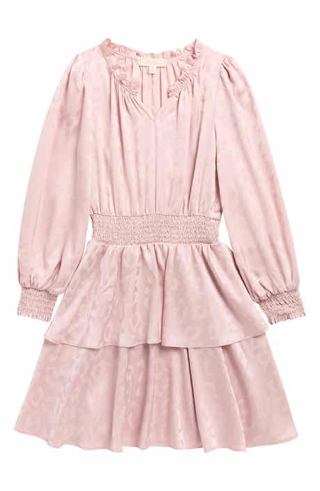 Kids' Long Sleeve Smocked Waist Jacquard Satin Dress