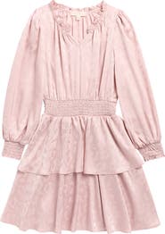 Walking on Sunshine Kids' Long Sleeve Smocked Waist Jacquard Satin Dress