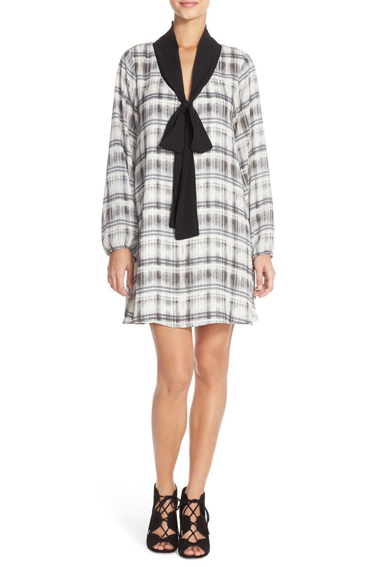 Print Tie Neck Crepe Dress, Main, color, WHITE/ GREY