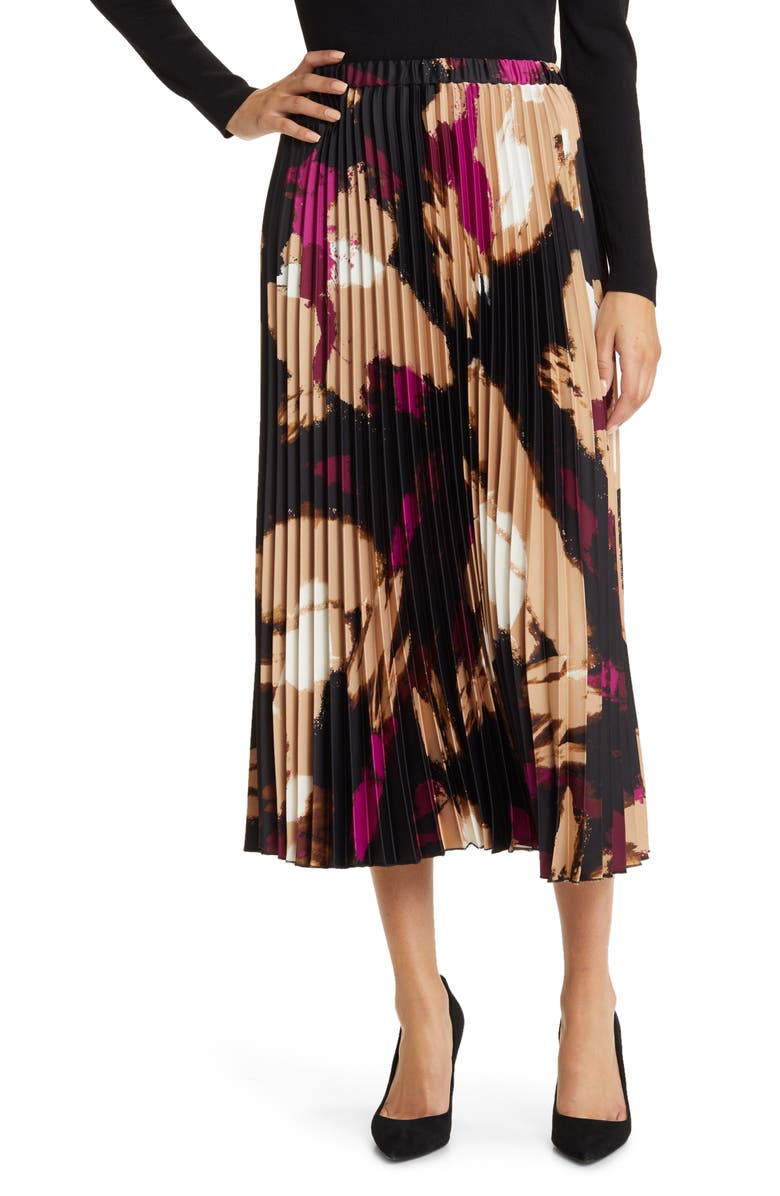 Anne Klein Abstract Print Pleated Satin Midi Skirt, Main, color, 