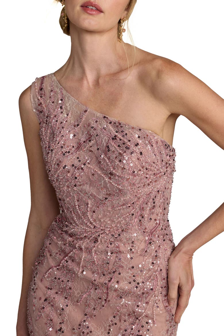 Embellished Lace One Shoulder Mermaid Gown, Alternate, color, Rose