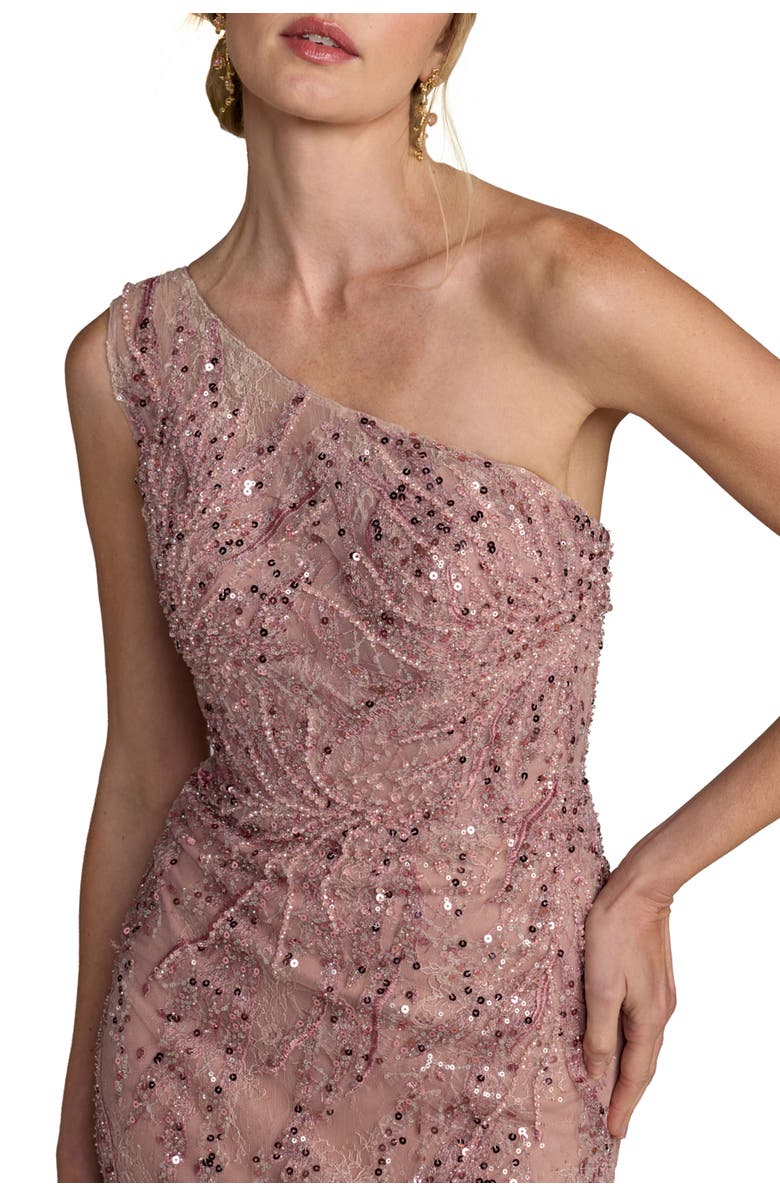 Mac Duggal Embellished Lace One Shoulder Mermaid Gown, Alternate, color, Rose