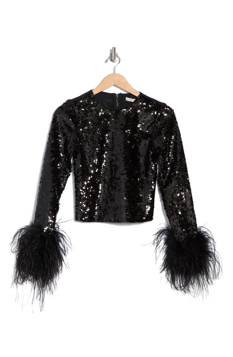 Alice + Olivia Delaina Sequin Feather Trim Top, Alternate, color,