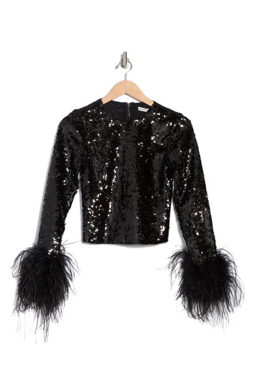 Alice And Olivia Alice + Olivia Delaina Sequin Feather Trim Top In Black