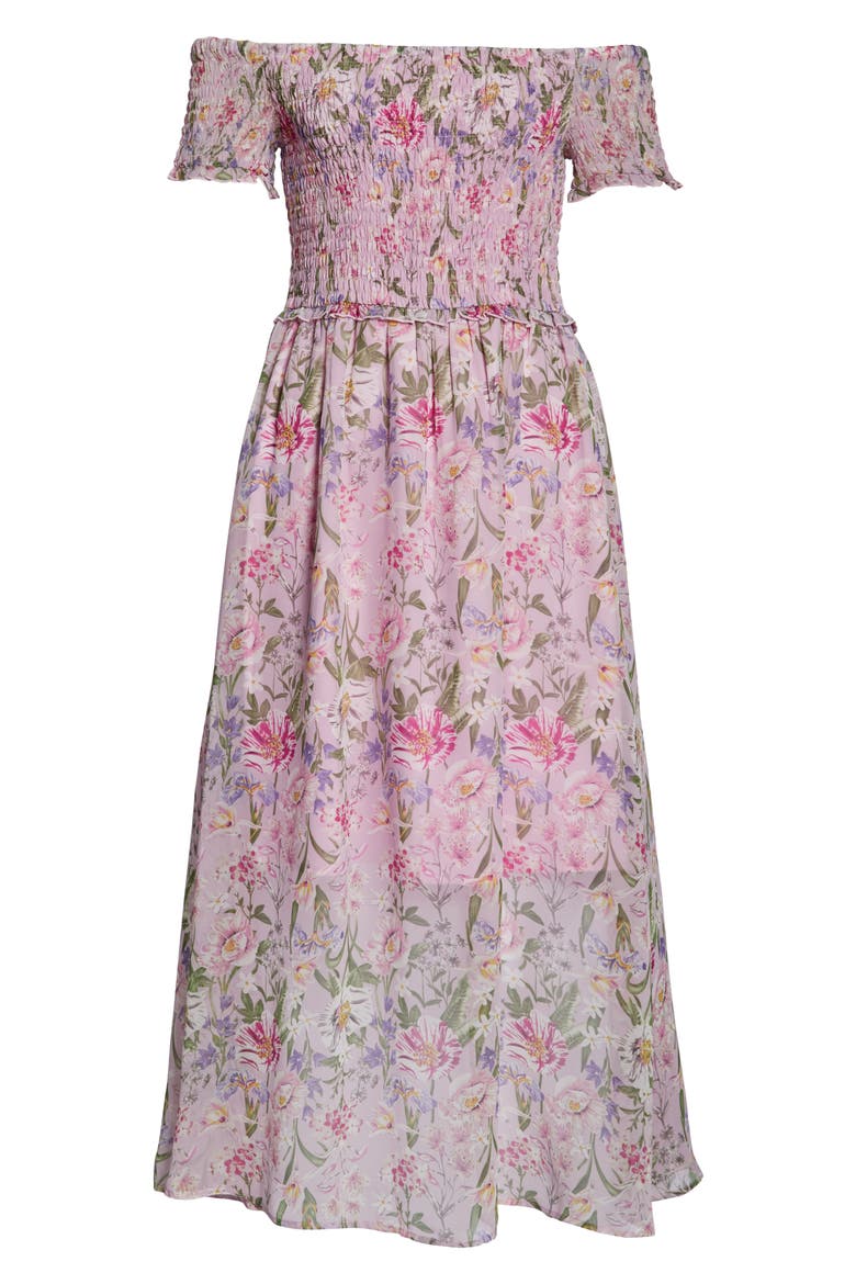 Smocked Off the Shoulder Dress, Alternate, color, PETAL PINK MULTI