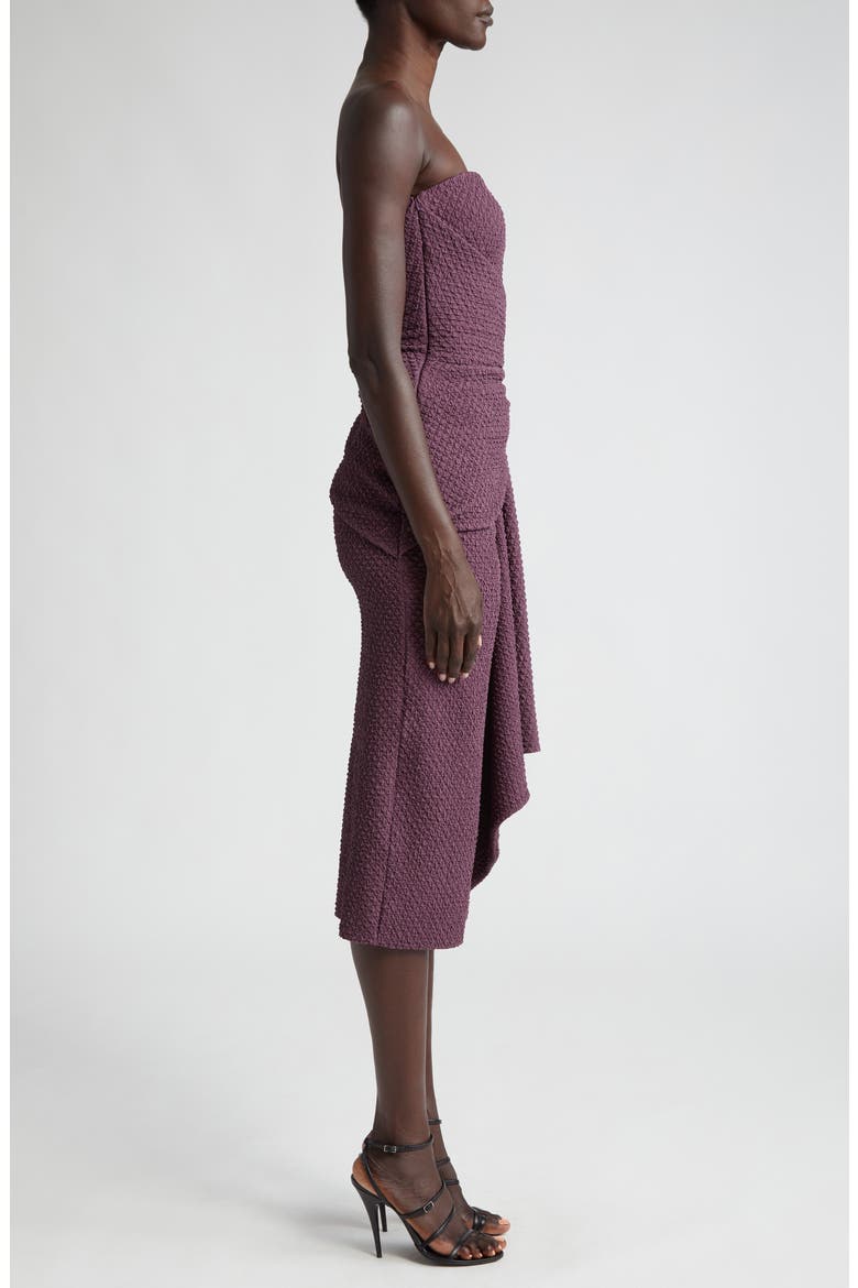 Airi Strapless Cloqué Faux Wrap Midi Dress, Alternate, color, 65683 PLUM