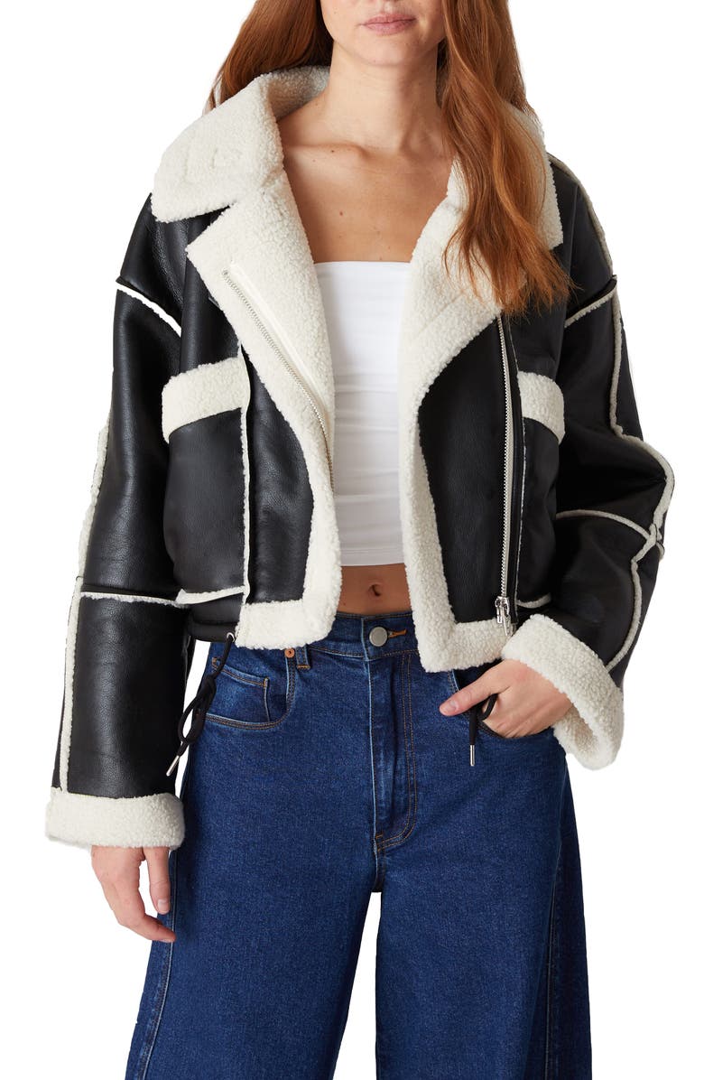 BLANKNYC Faux Shearling Moto Jacket, Main, color, 