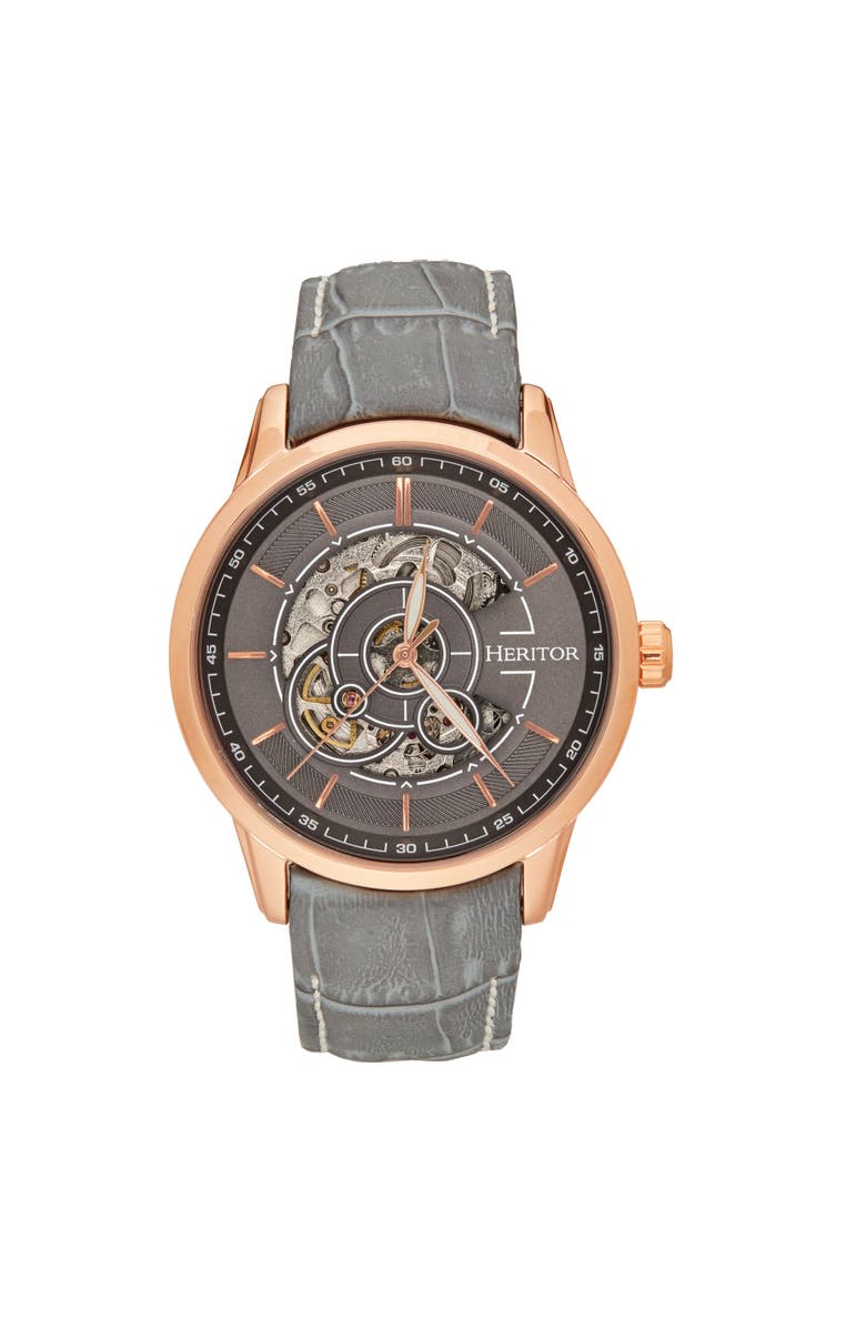 Heritor Automatic Davies Semi-Skeleton Leather-Band Watch, Main, color, Rose Gold/Gray