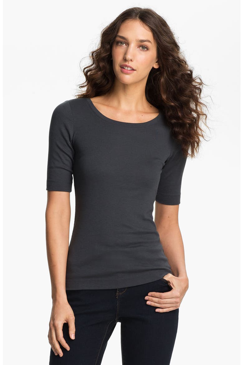 Ballet Neck Cotton & Modal Knit Elbow Sleeve Tee, Main, color, GREY EBONY