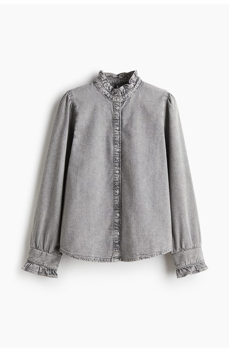 H&M Ruffle-trimmed denim blouse, Alternate, color, Gray