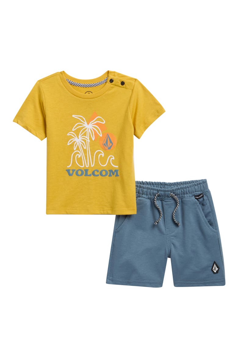 Graphic Print T-Shirt & Shorts Set, Main, color, MUSTARD