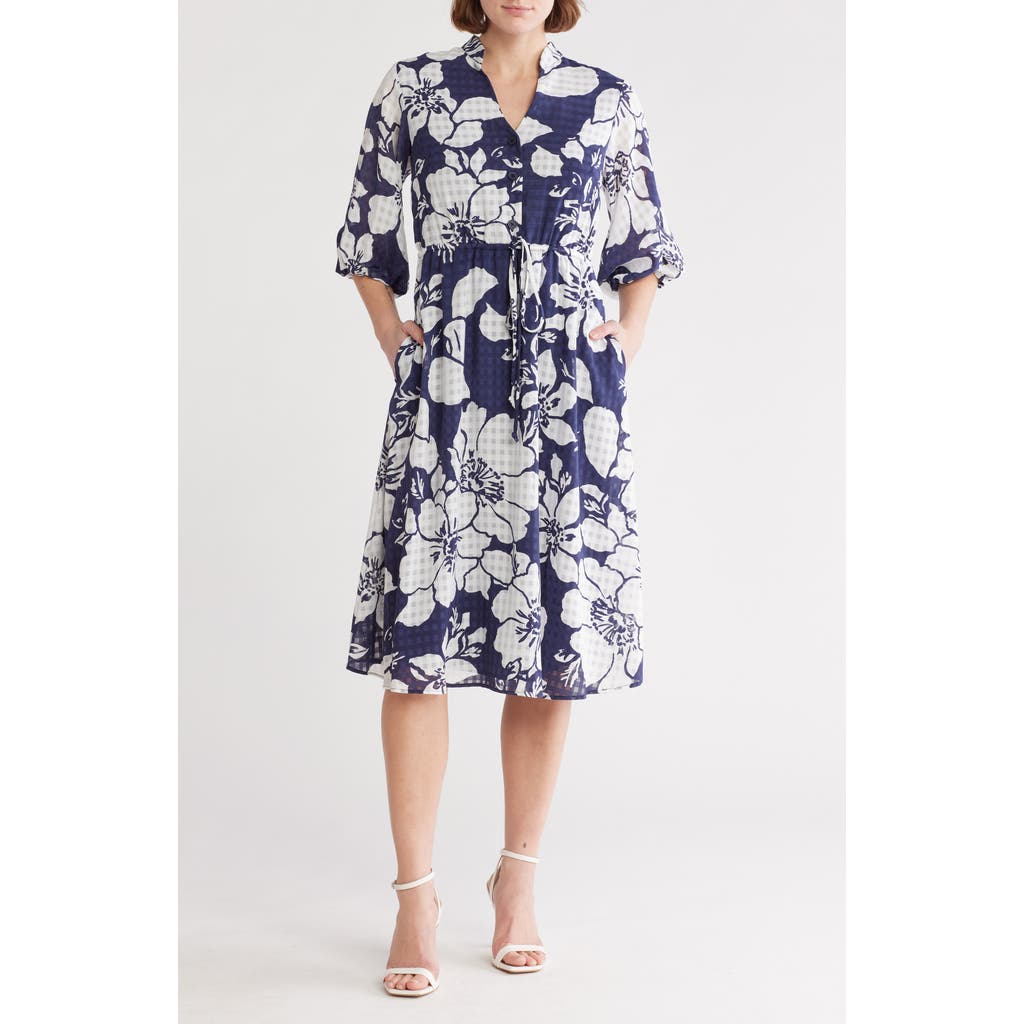 Sandra Darren Floral Gingham Balloon Sleeve Midi Dress In Navy/white