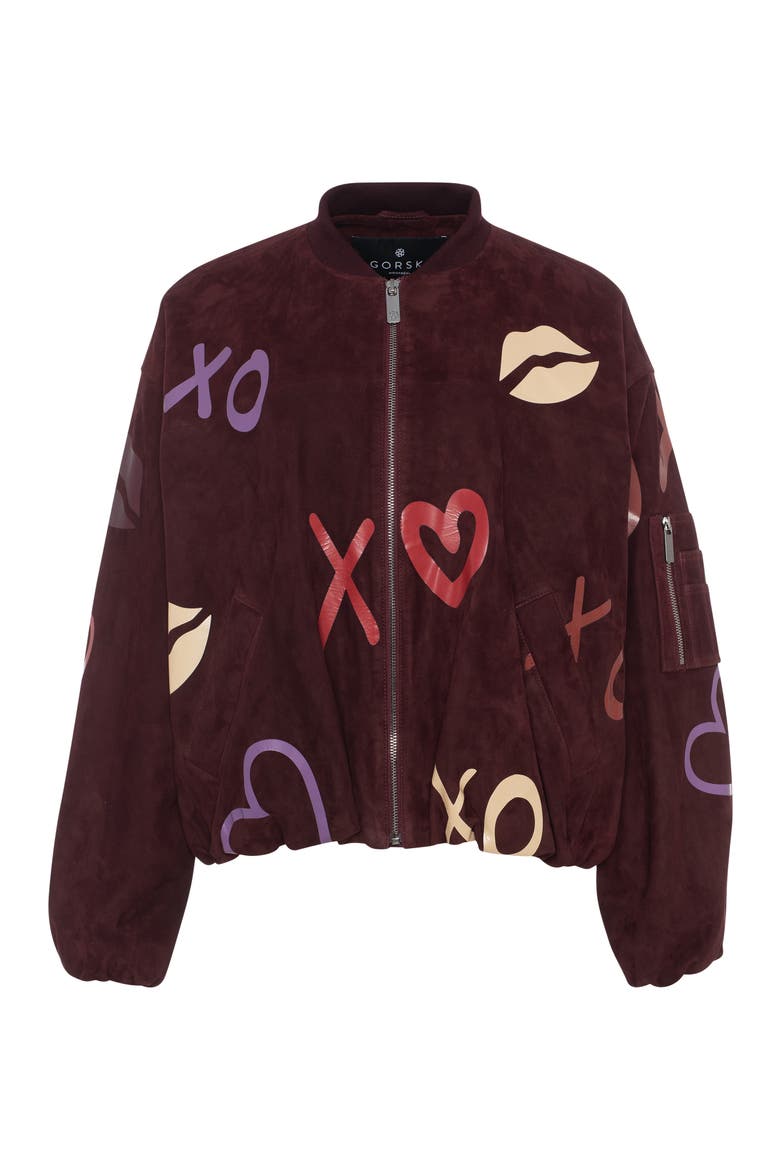 Genuine Metis Suede Bomber Zip Jacket, Alternate, color, BURGUNDY/XO MULTI
