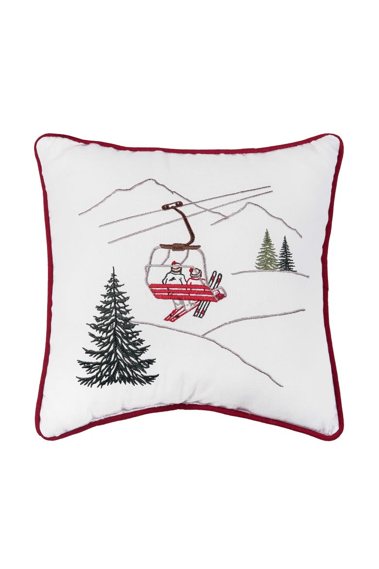Embroidered Ski Lift Winter Sports Christmas Tree Throw Pillow 12" x 12", Main, color, Green