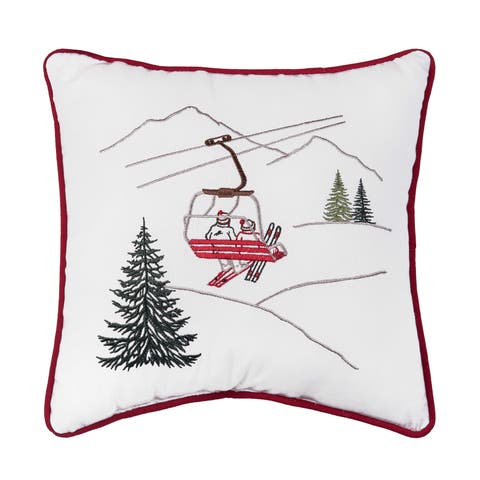 Embroidered Ski Lift Winter Sports Christmas Tree Throw Pillow 12" x 12"