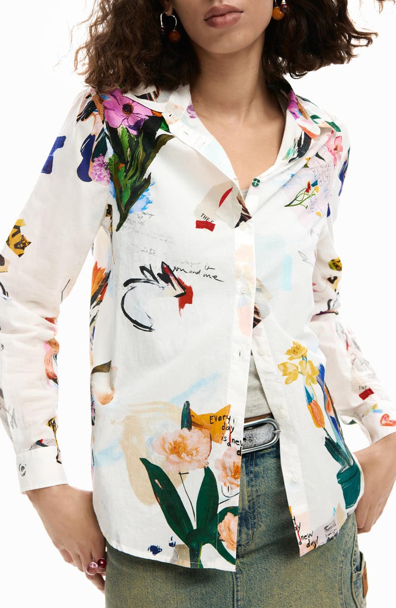Desigual Floral Print Woven Shirt, Main, color, White
