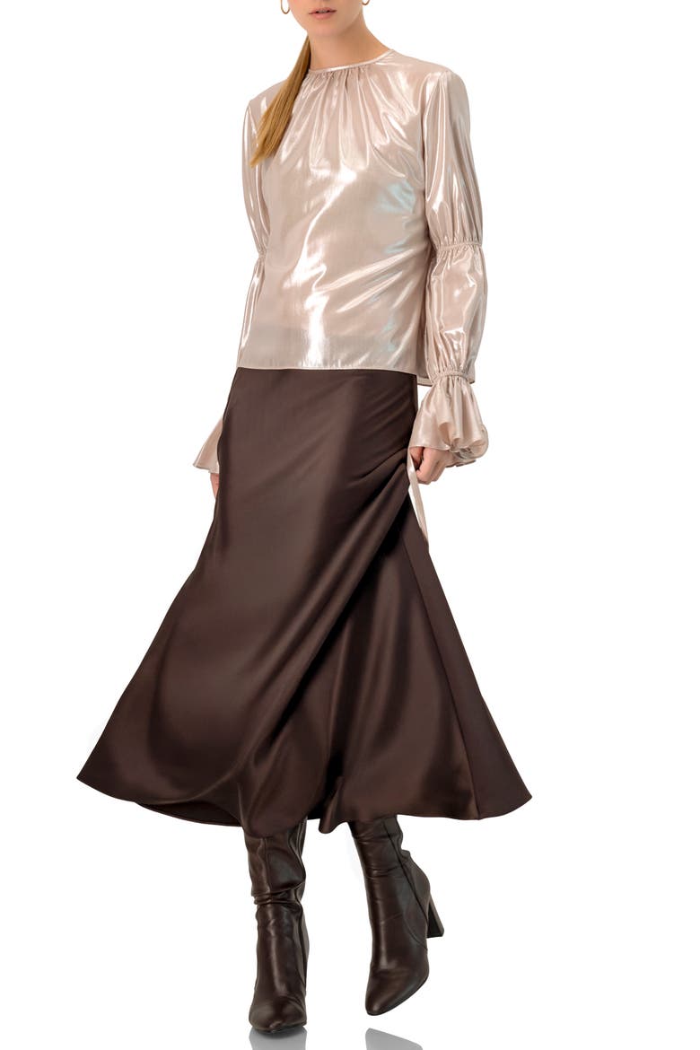 Solid Satin Midi Skirt, Alternate, color, Brown