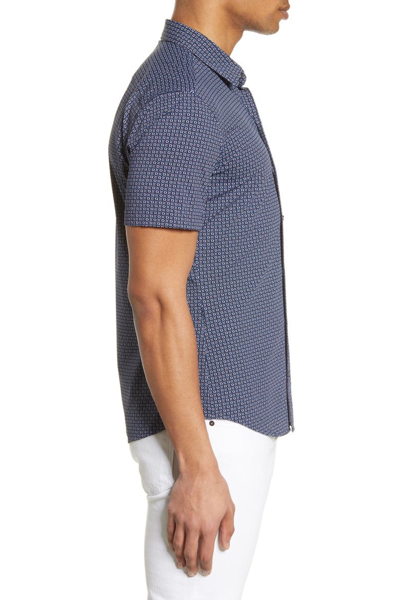 Robb Slim Fit Mini Floral Short Sleeve Button-Up Performance Shirt, Alternate, color, NAVY