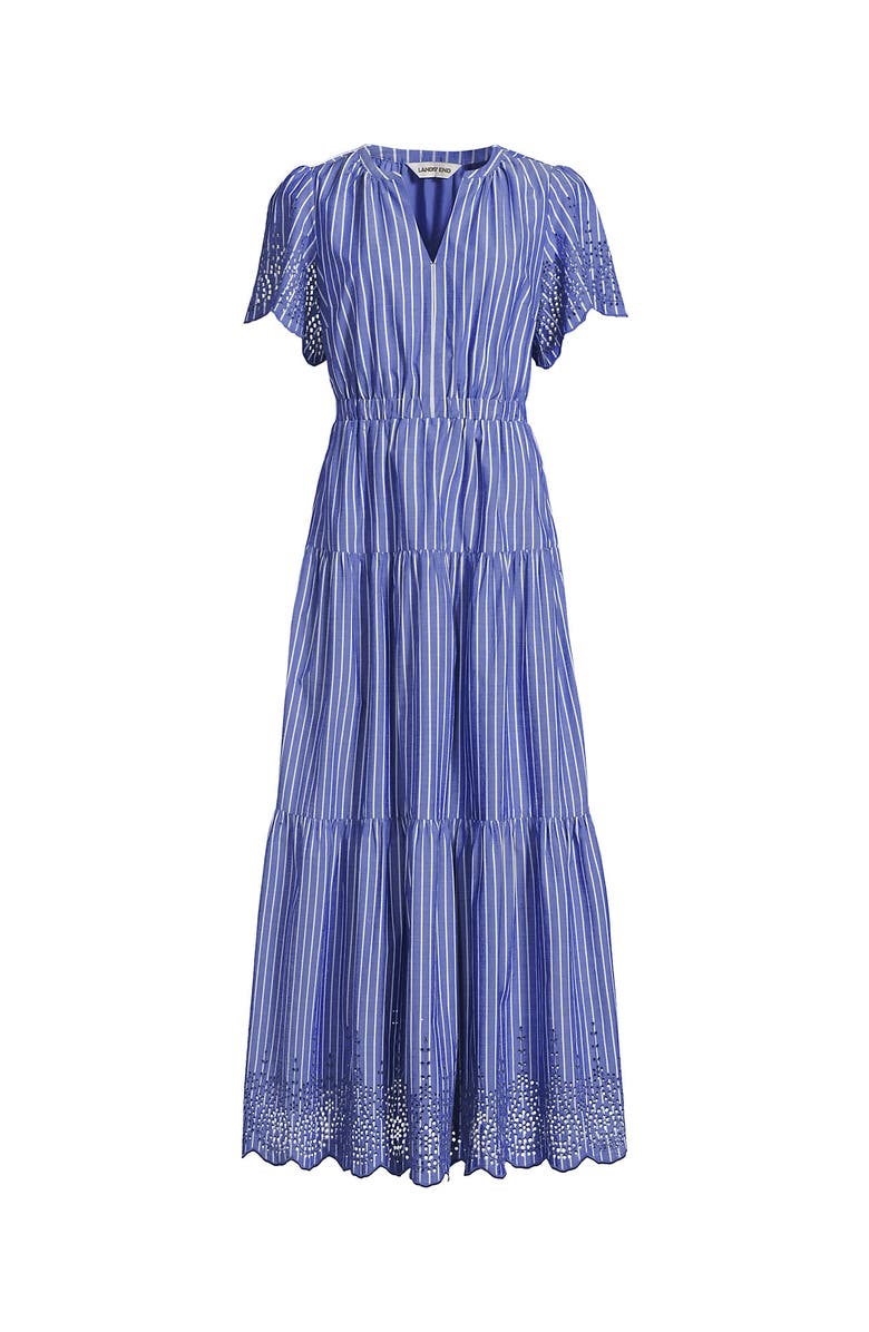 Lands' End Plus Size Tiered Cotton Poplin Eyelet Maxi Dress, Alternate, color, Sapphire Gem Stripe Eyelet
