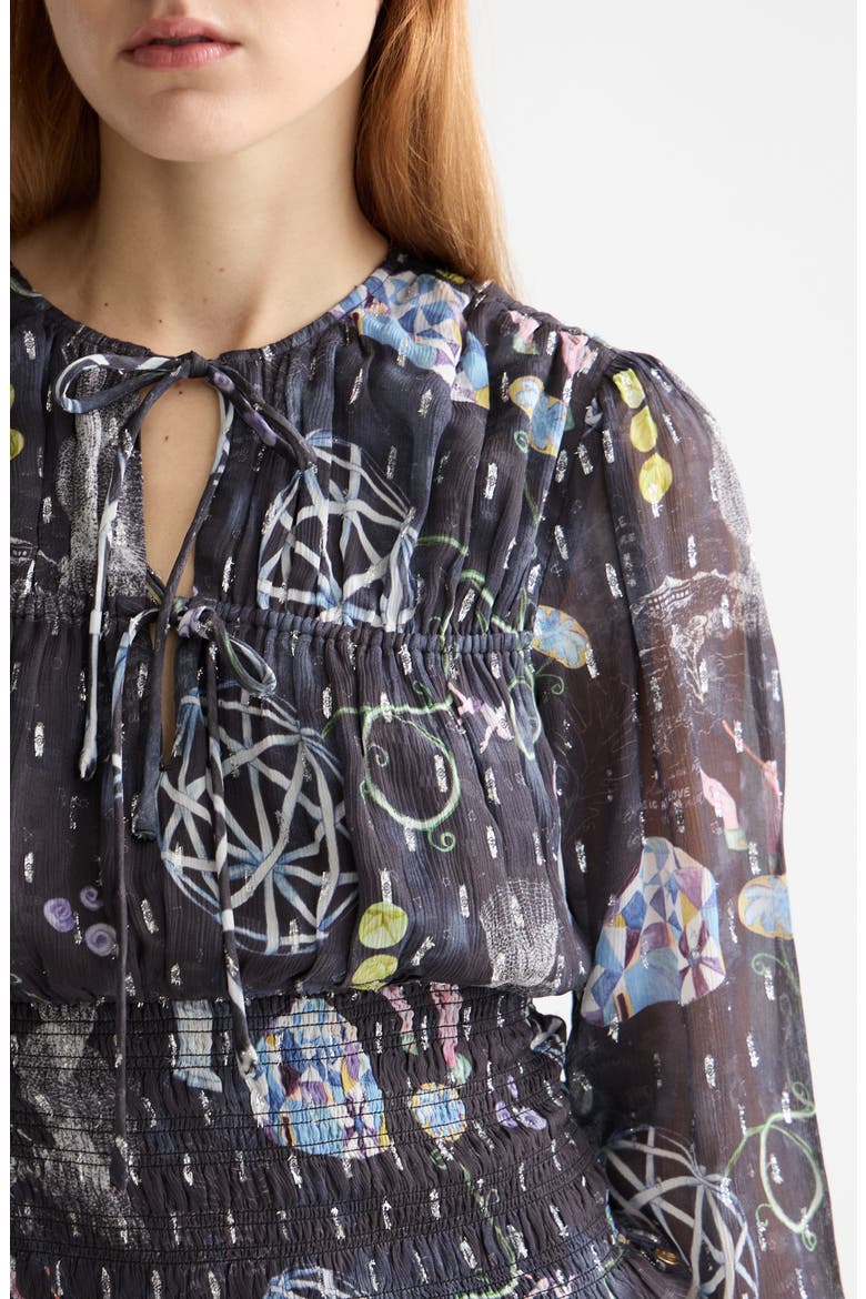 Long Sleeve Smocked Waist Chiffon Top, Alternate, color, BLACK MOUNTAIN