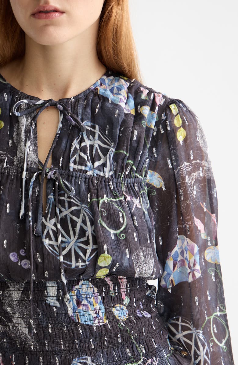 Scotch & Soda Long Sleeve Smocked Waist Chiffon Top, Alternate, color, Black Mountain