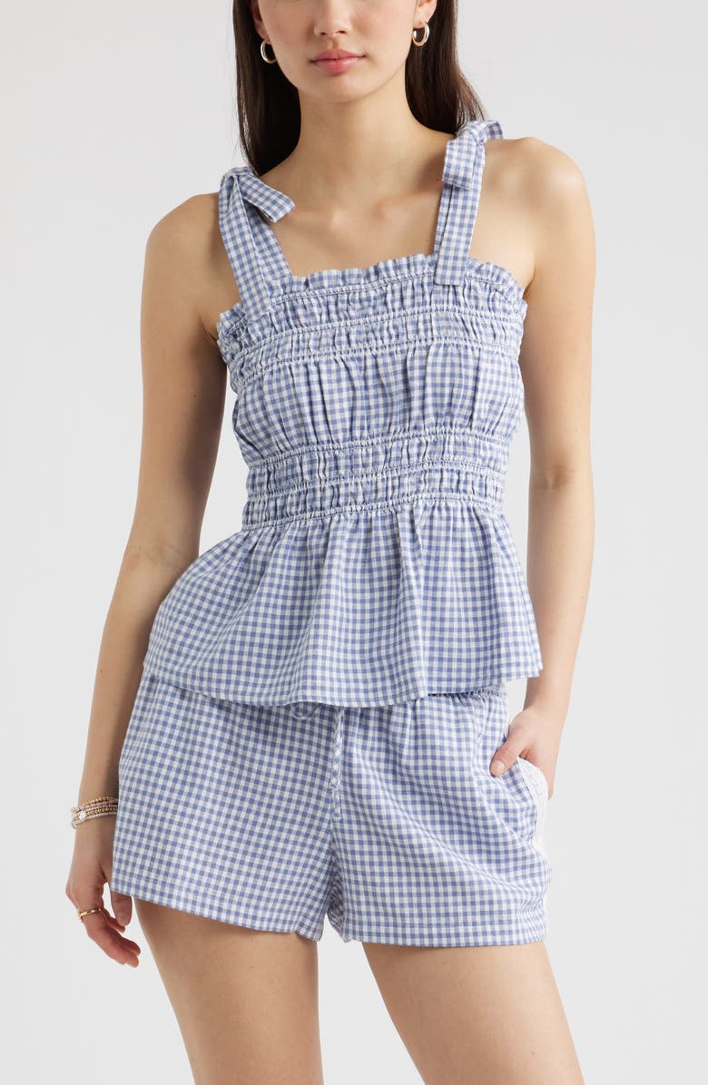 BP. Gingham Shirred Linen Blend Top, Alternate, color, Blue- White Demi Gingham