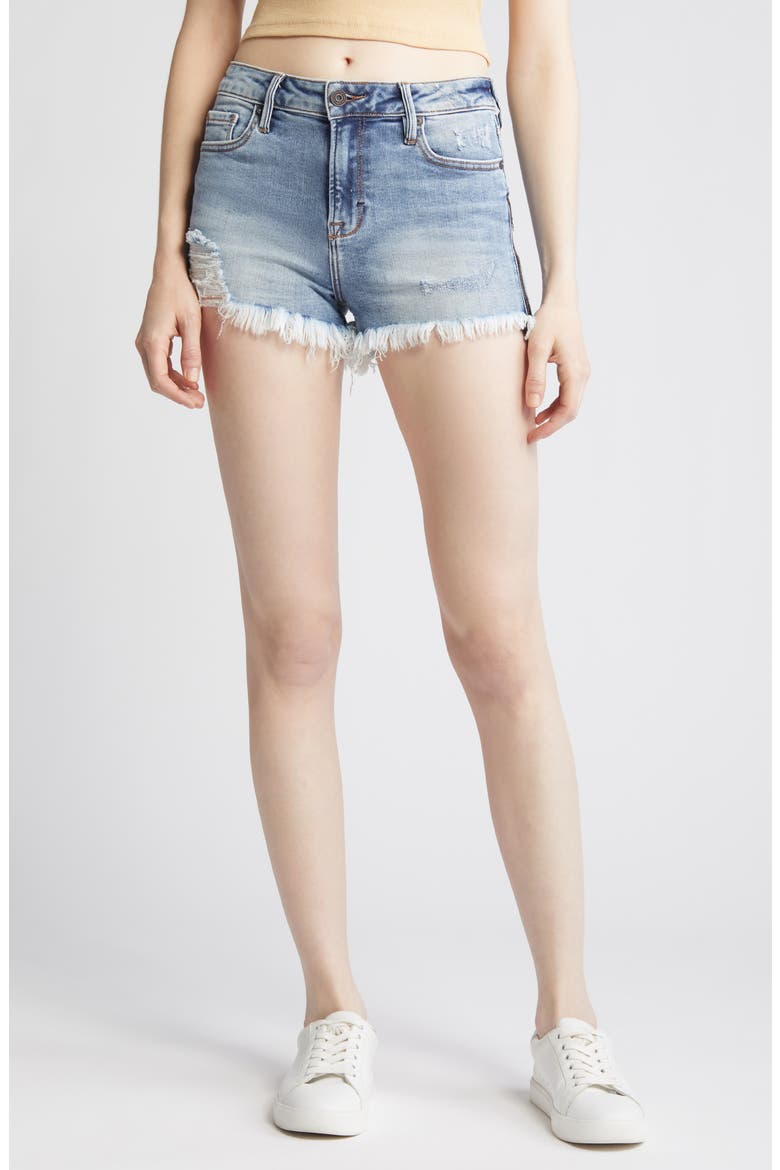 Distressed Side Zip Fringe Denim Shorts, Main, color, LIGHT WASH