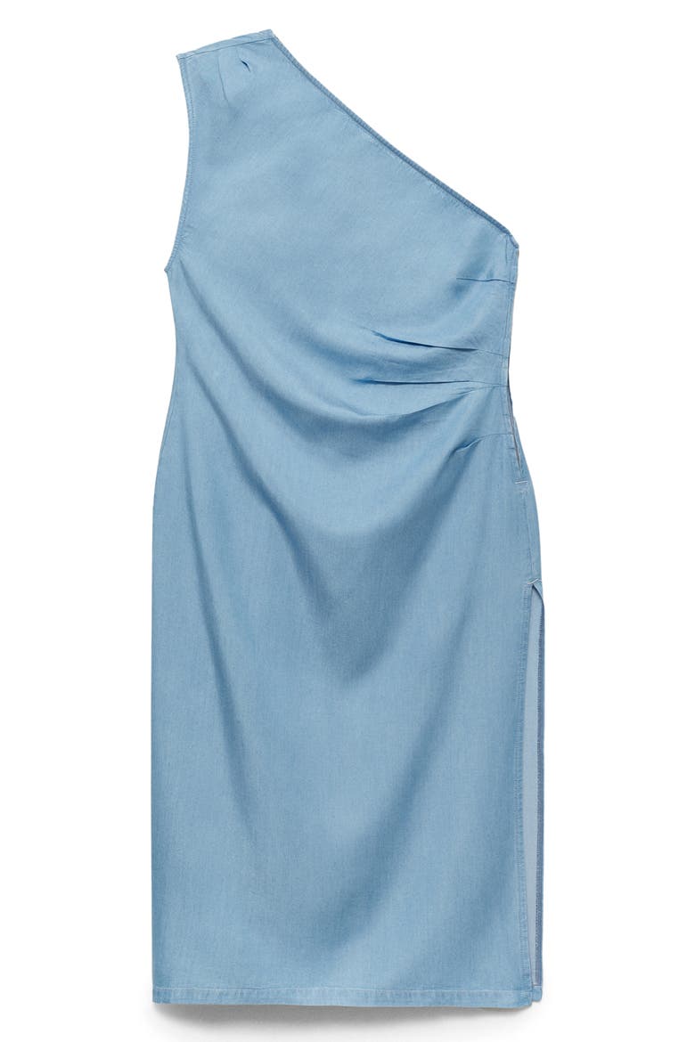 Pleated One-Shoulder Chambray Dress, Alternate, color, MEDIUM BLUE