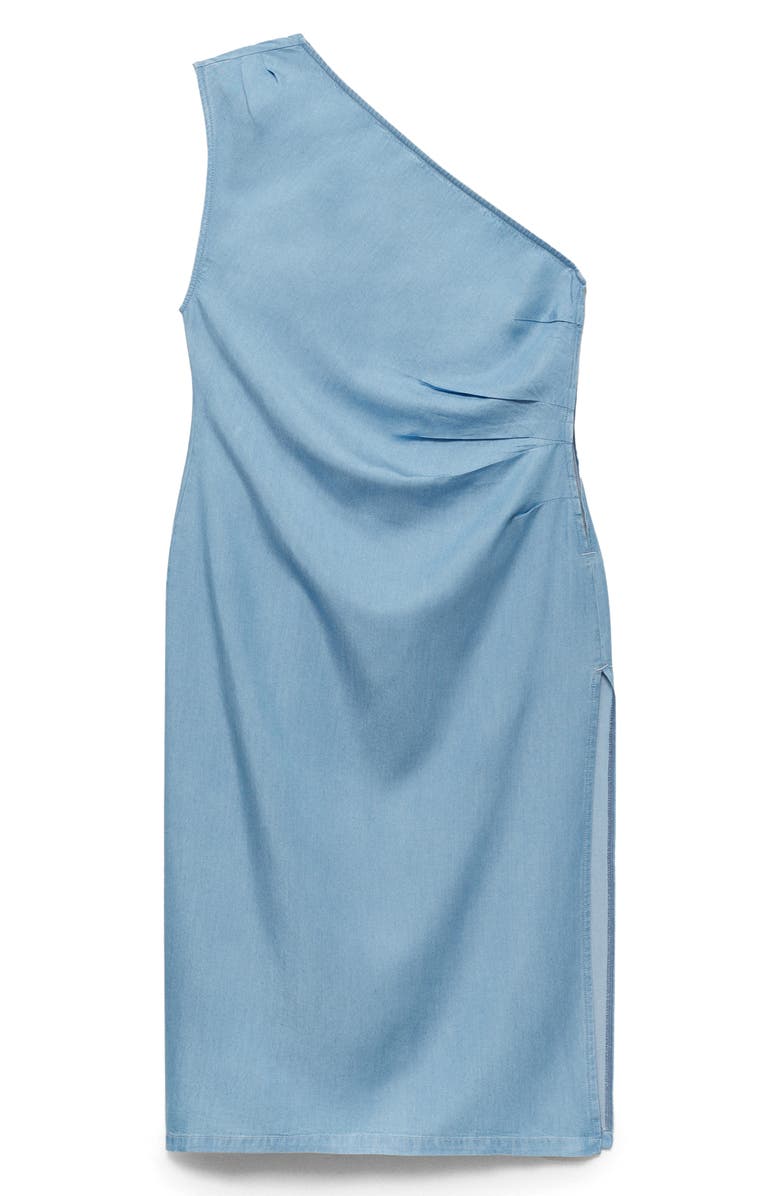 MANGO Pleated One-Shoulder Chambray Dress, Alternate, color, Medium Blue