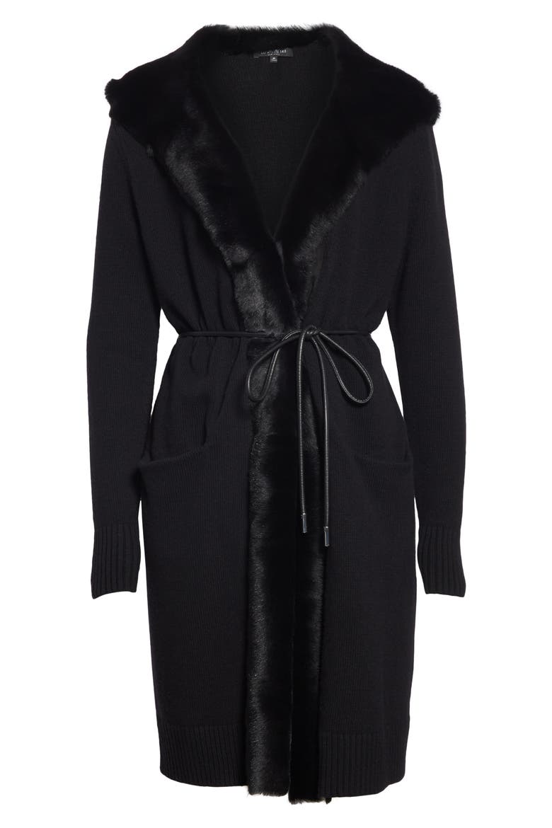 Wool & Cashmere Cardigan with Genuine Shearling Trim, Alternate, color, BLACK