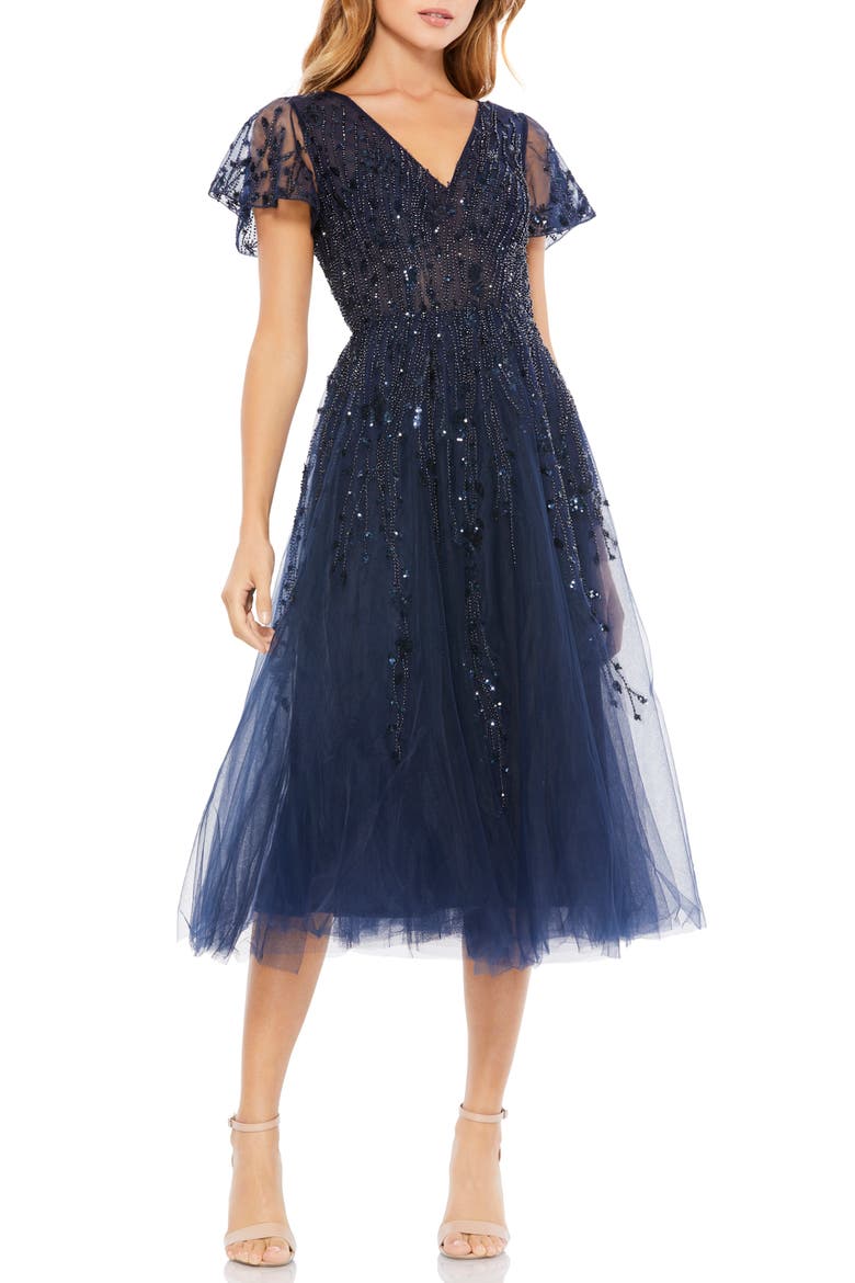 Beaded Tulle Fit & Flare Dress, Main, color, MIDNIGHT