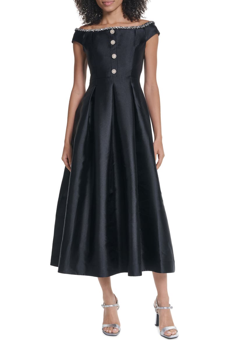 Rhinestone Off-the-Shoulder Satin Cocktail Dress, Main, color, BLACK