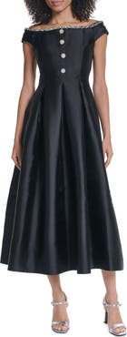 KARL LAGERFELD PARIS Rhinestone Off-the-Shoulder Satin Cocktail Dress